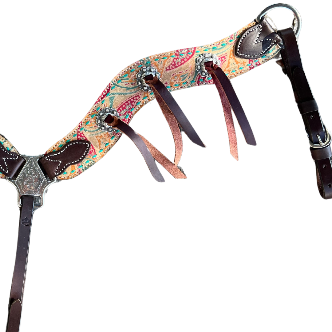 3017-Paisley 2-1/2" Wave breast collar with Paisley overlay, buckstitch & slot conchos w/ Latigo strings