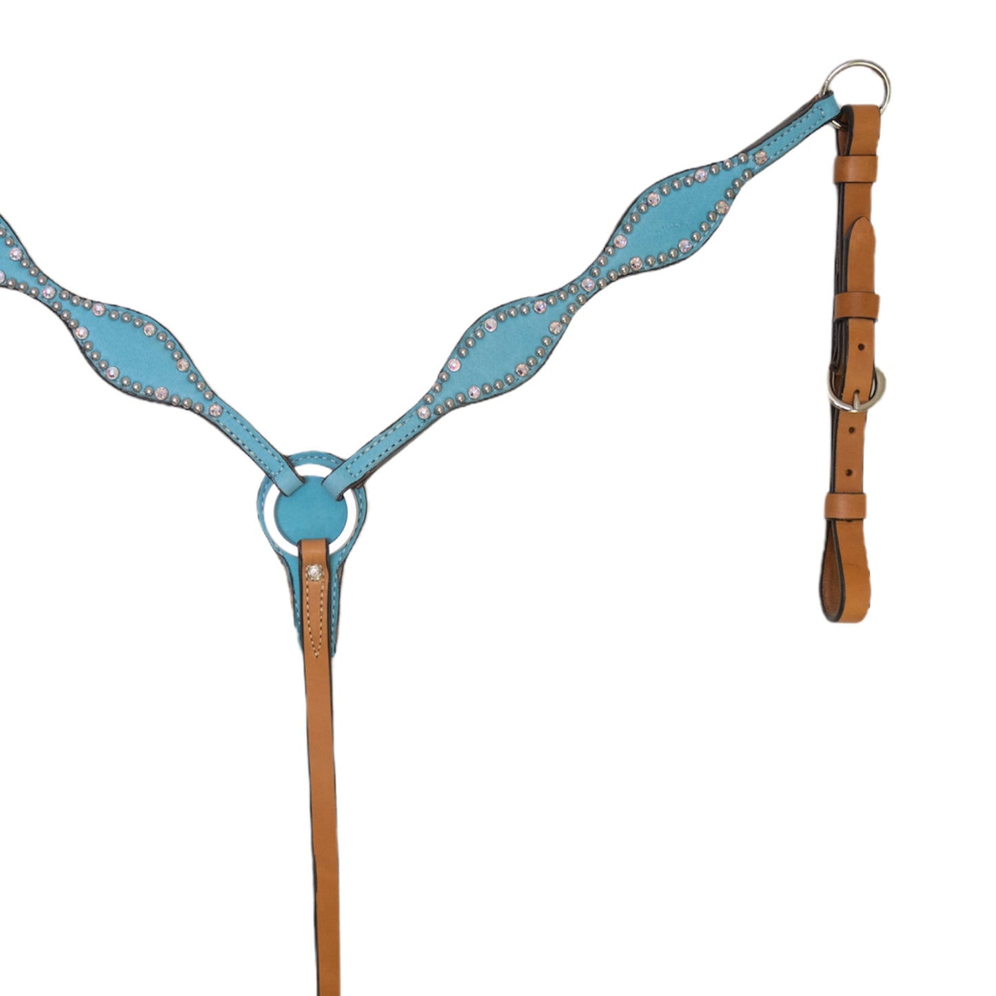 3065-JTM 2" Scalloped breast collar golden leather turquoise marble overlay with crystals and spots