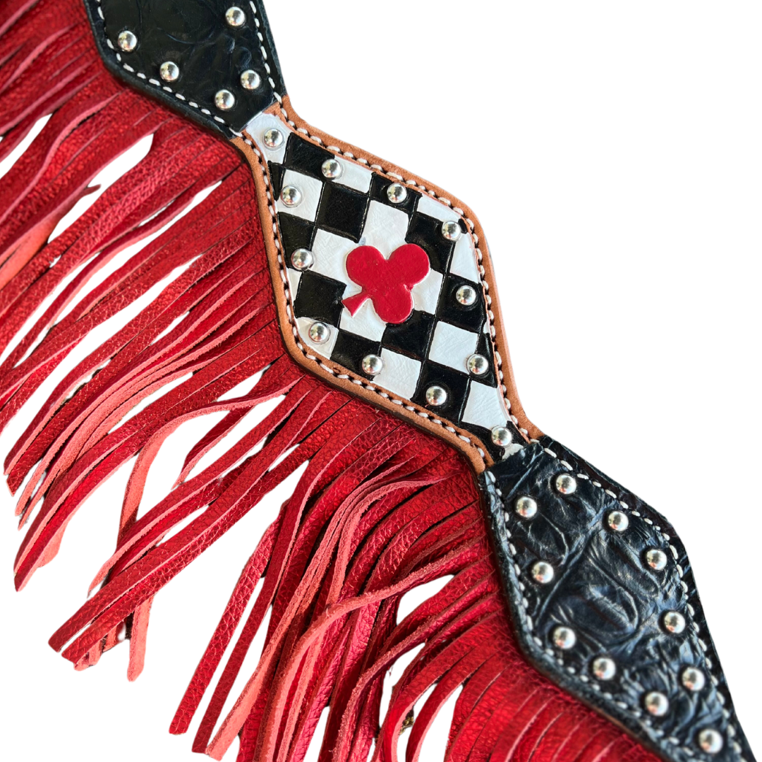 3F46- 2024 Vegas CLUB 2-1/2" Diamond breast collar w/ black gator, tooled ace with checkers, with SS spots, red metallic fringe WITH FREE MATCHING ONE EAR
