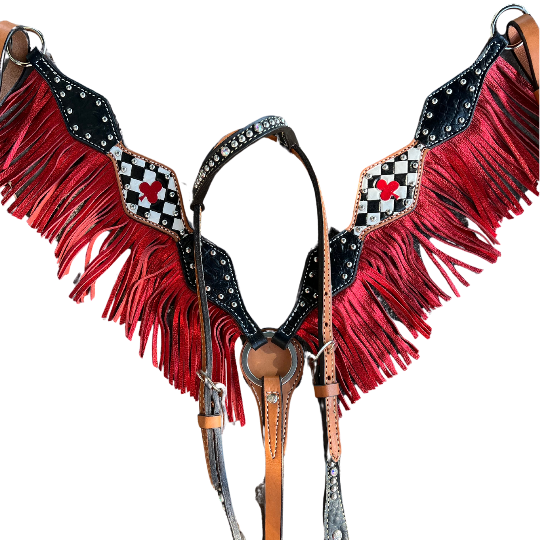 3F46- 2024 Vegas CLUB 2-1/2" Diamond breast collar w/ black gator, tooled ace with checkers, with SS spots, red metallic fringe WITH FREE MATCHING ONE EAR