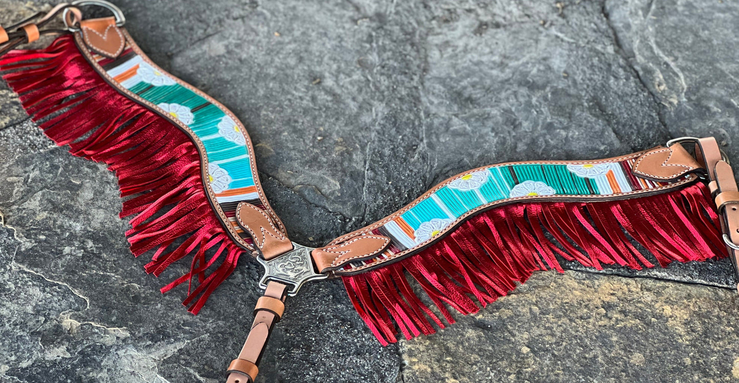 3F17-Serape Daisy 2-1/2" Wave breast collar golden leather Serape Daisy tooled w/ serape paint and fringe