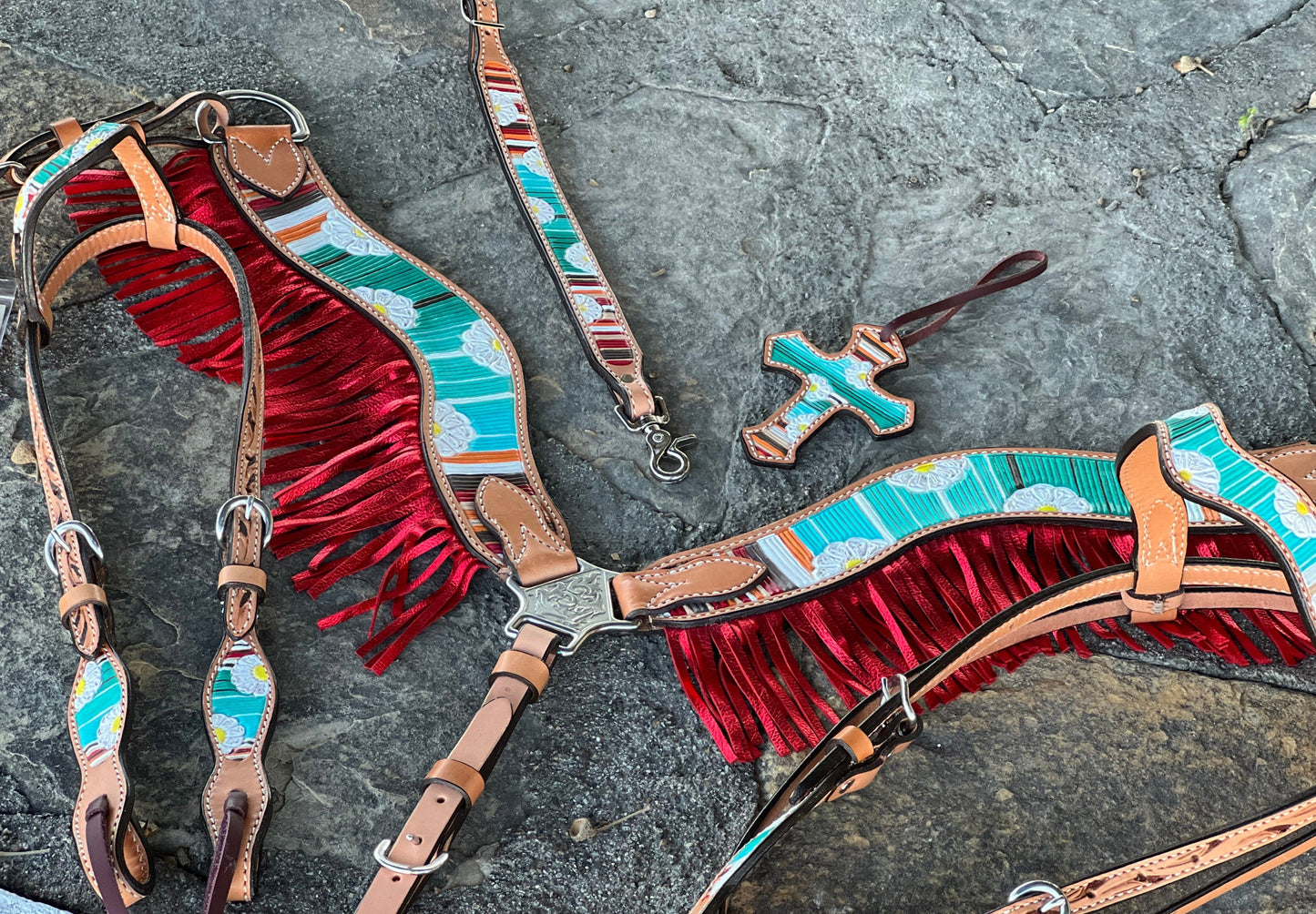 3F17-Serape Daisy 2-1/2" Wave breast collar golden leather Serape Daisy tooled w/ serape paint and fringe