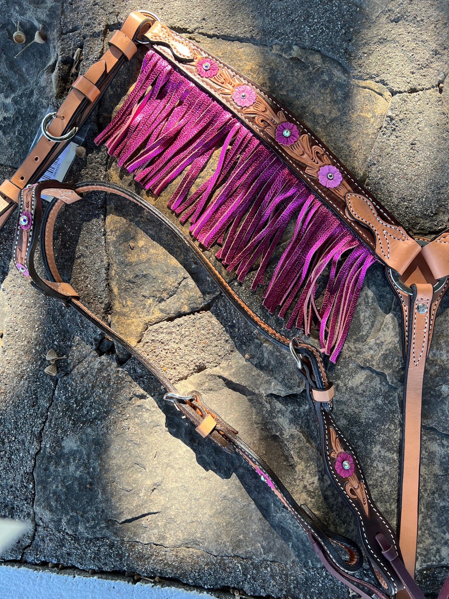 3F23-Malibu Barbie 1-3/4" Contour breast collar golden leather floral tooled with paint to the edge, ss spots, crystals and fringe.