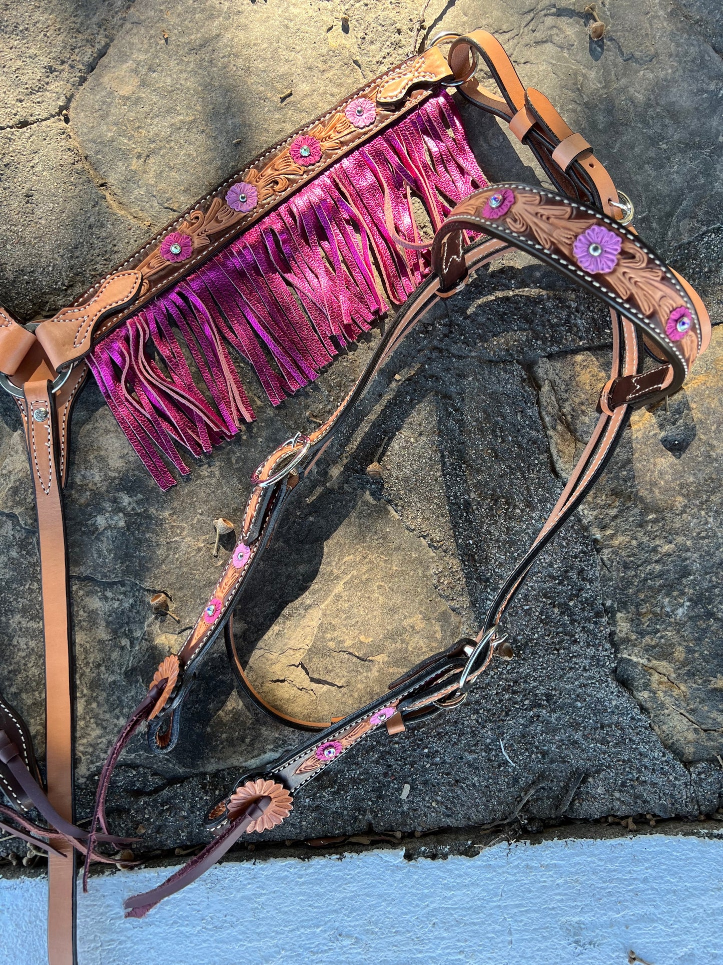3F23-Malibu Barbie 1-3/4" Contour breast collar golden leather floral tooled with paint to the edge, ss spots, crystals and fringe.