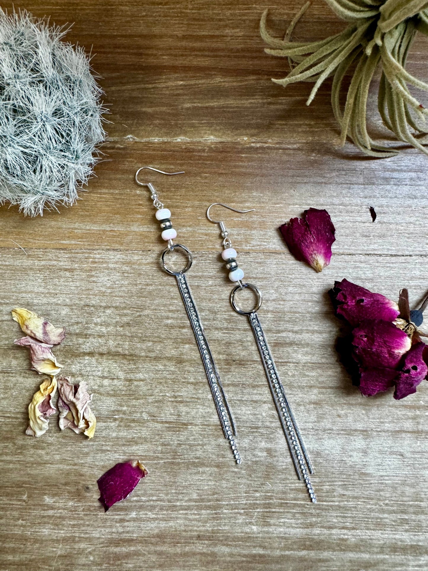 Chic dangle earrings with pink conch & sterling silver pearls
