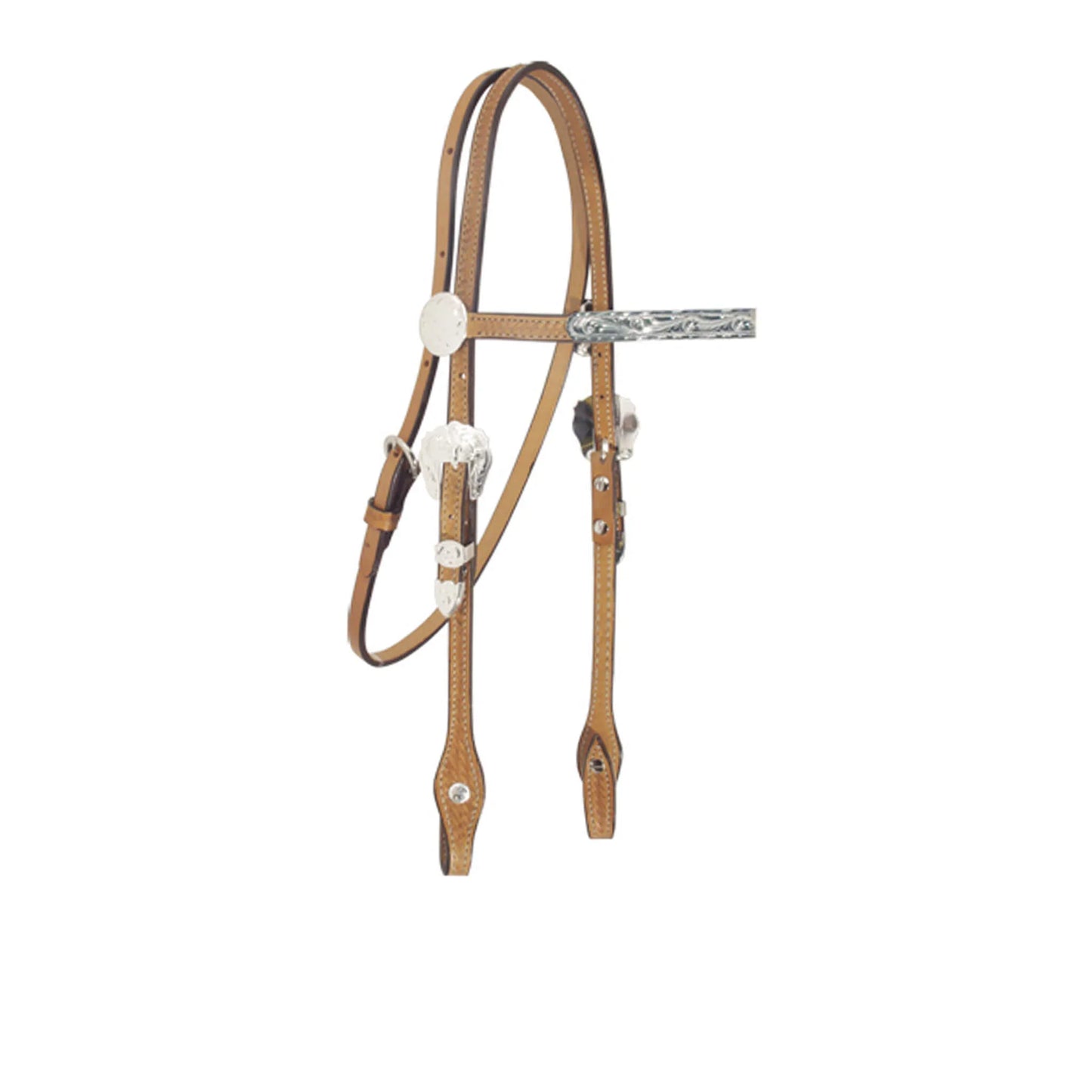 2015-KS 1/2" Straight broadband headstall golden leather basket tooled with silver bars and silver hardware