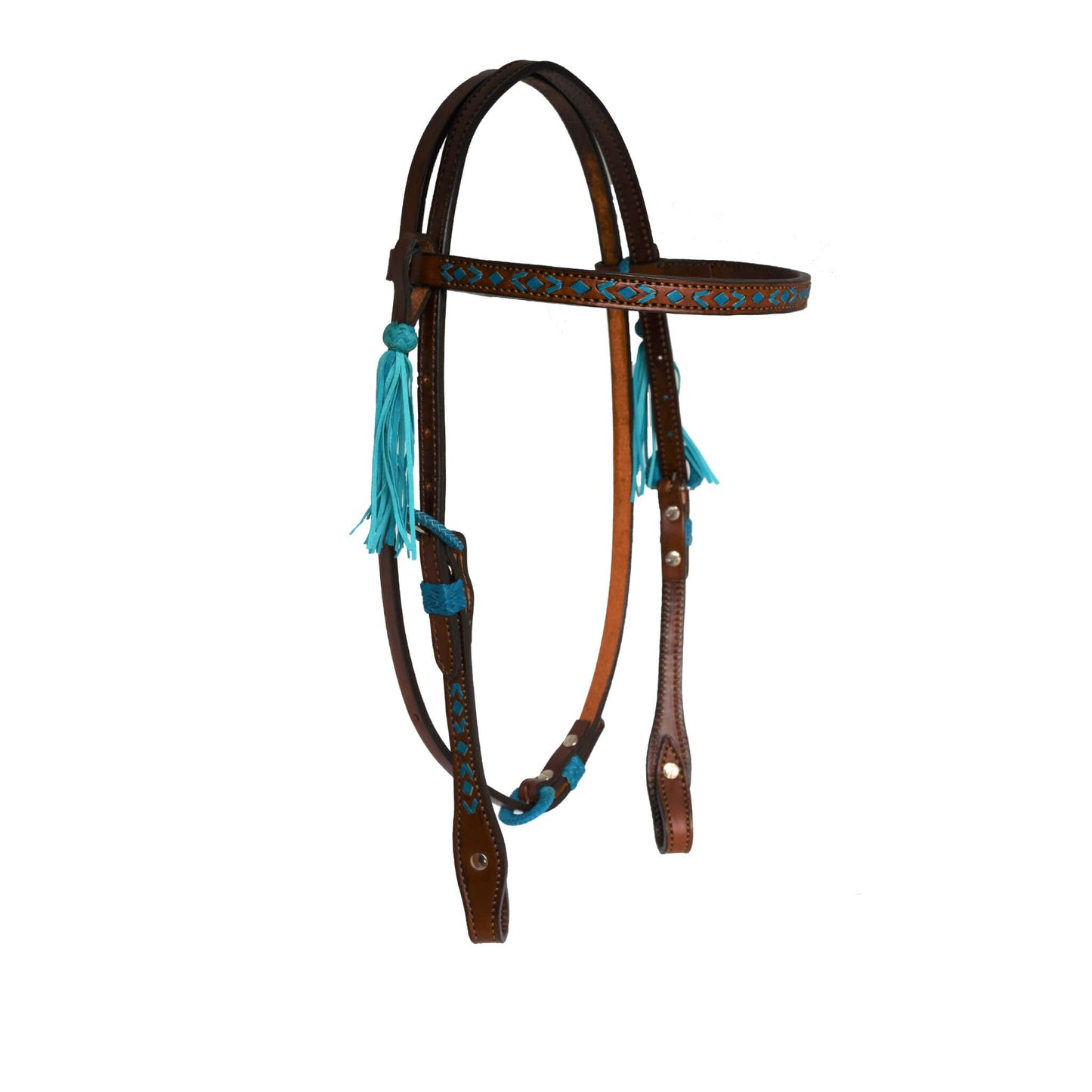 2015-TT 1/2" Straight broadband headstall toast leather rawhide southwest design with Spanish lace hardware, braided loops, and tassels