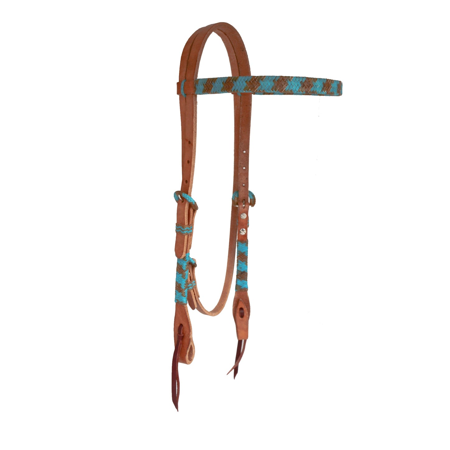 2030-TN 1/2" Straight browband headstall harness leather teal and rawhide braiding, Spanish lace hardware, braided loops, and tassel