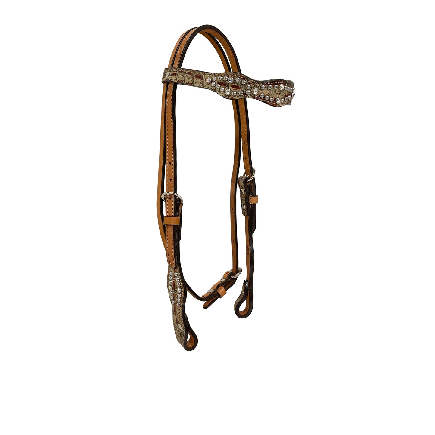 2037-JGB 1-1/2" Scalloped browband headstall golden leather brown gator overlay with crystals and spots