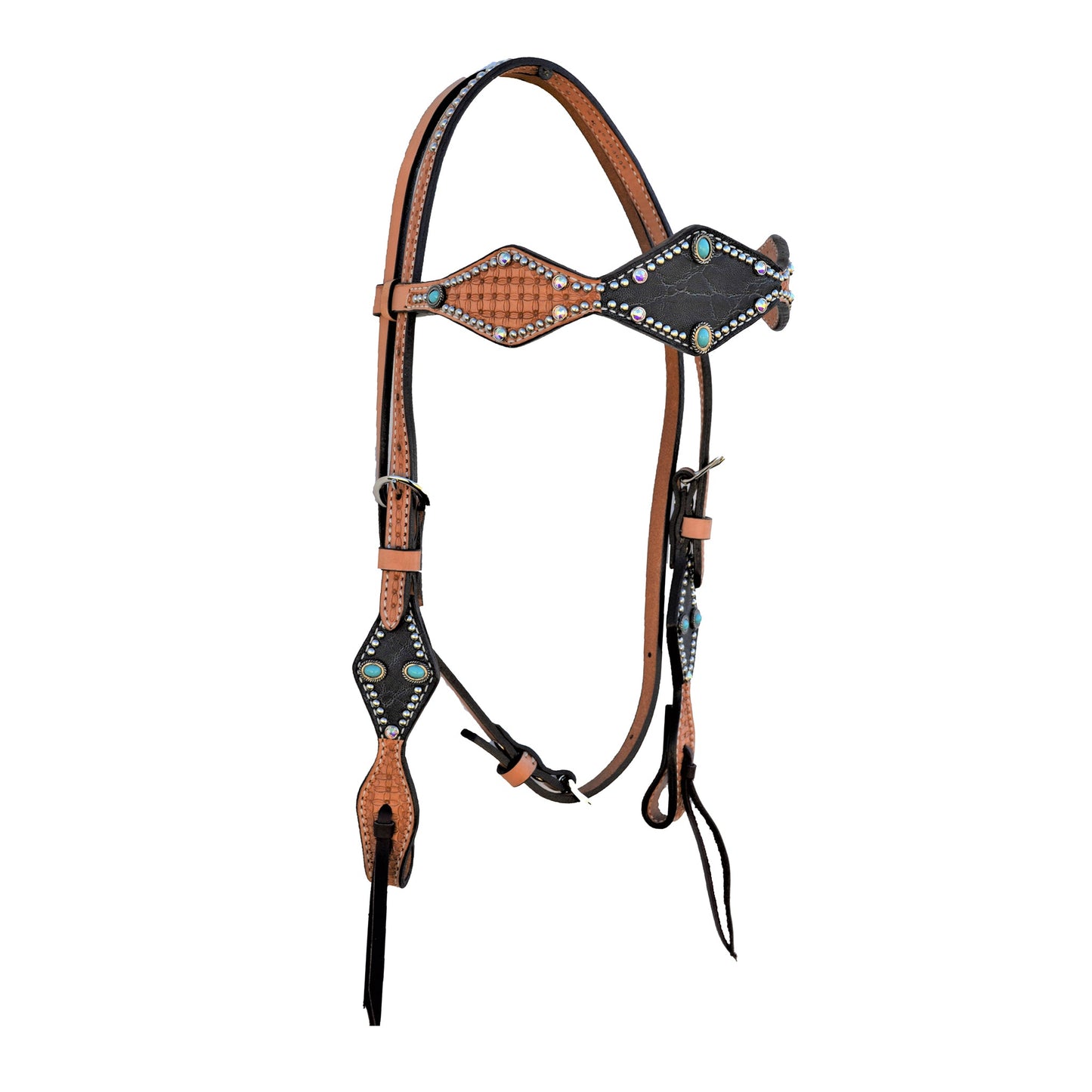 2046-GE 2-1/2" Diamond browband headstall golden leather geo tooled graphite elephant overlay with stones, crystals, and spots