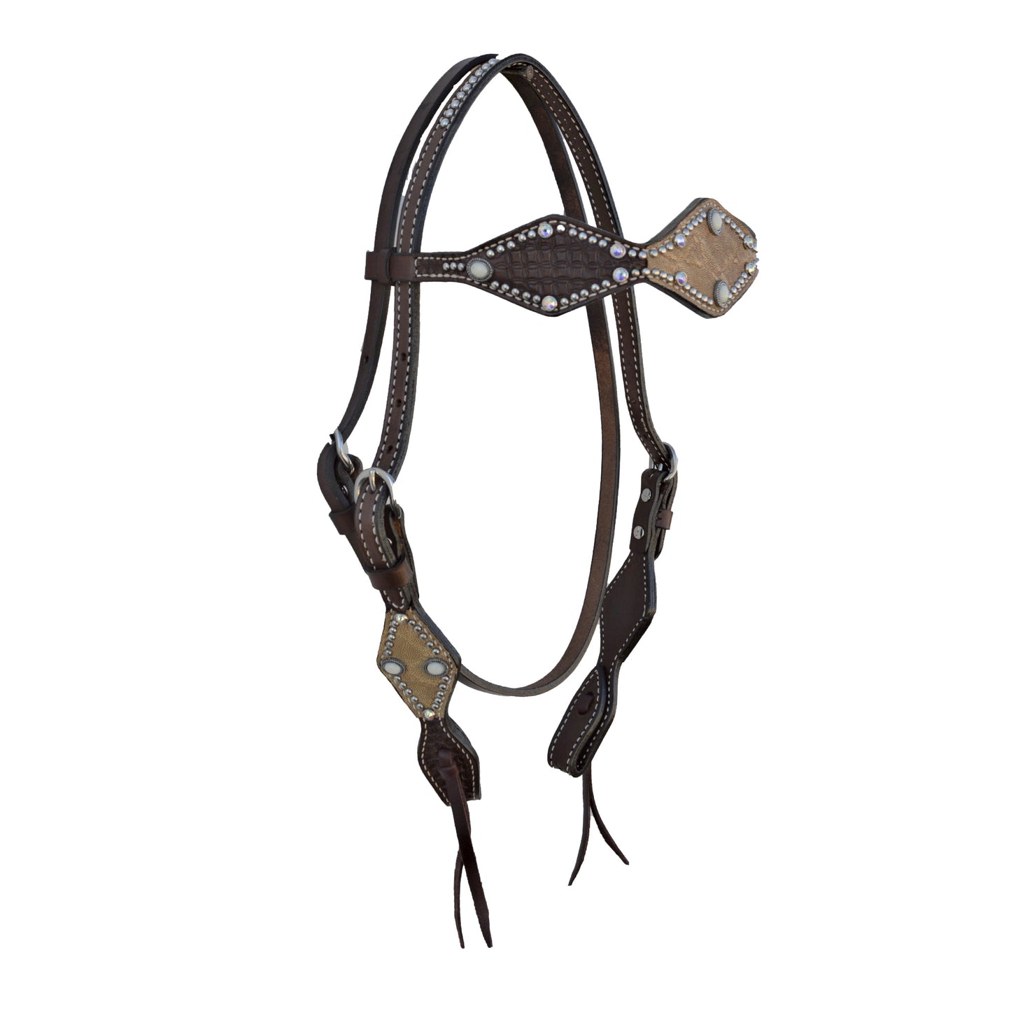 2046-TE 2-1/2" Diamond browband headstall chocolate leather geo tooled taupe elephant overlay with stones, crystals, and spots
