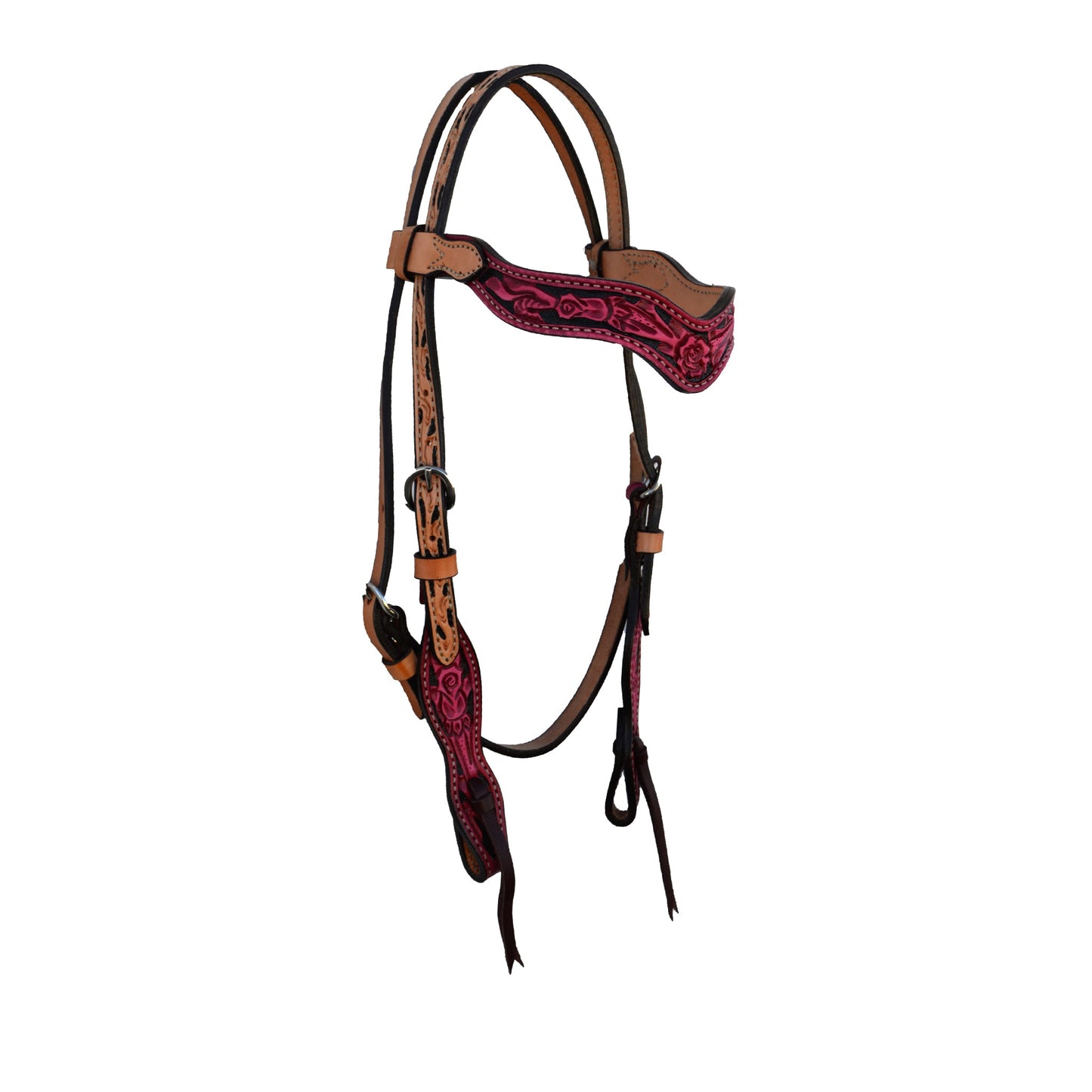 2117-RP 1-1/2" Wave browband headstall dirty pink leather rose tooling with background paint
