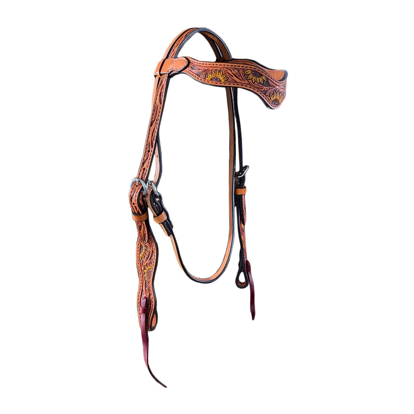 2117-SUN 1-1/2" Wave browband headstall golden leather sunflower tooling with background paint