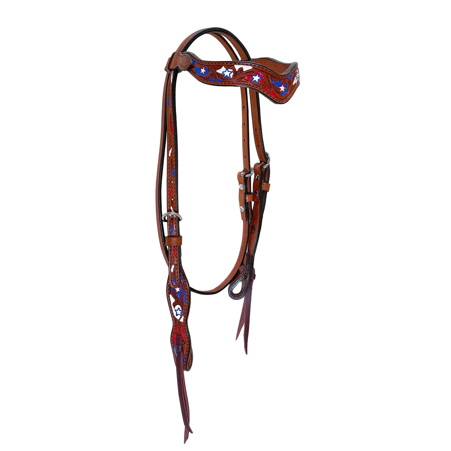 2117-USA 1-1/2" Wave browband headstall toast leather combo AA/star tooling with background paint