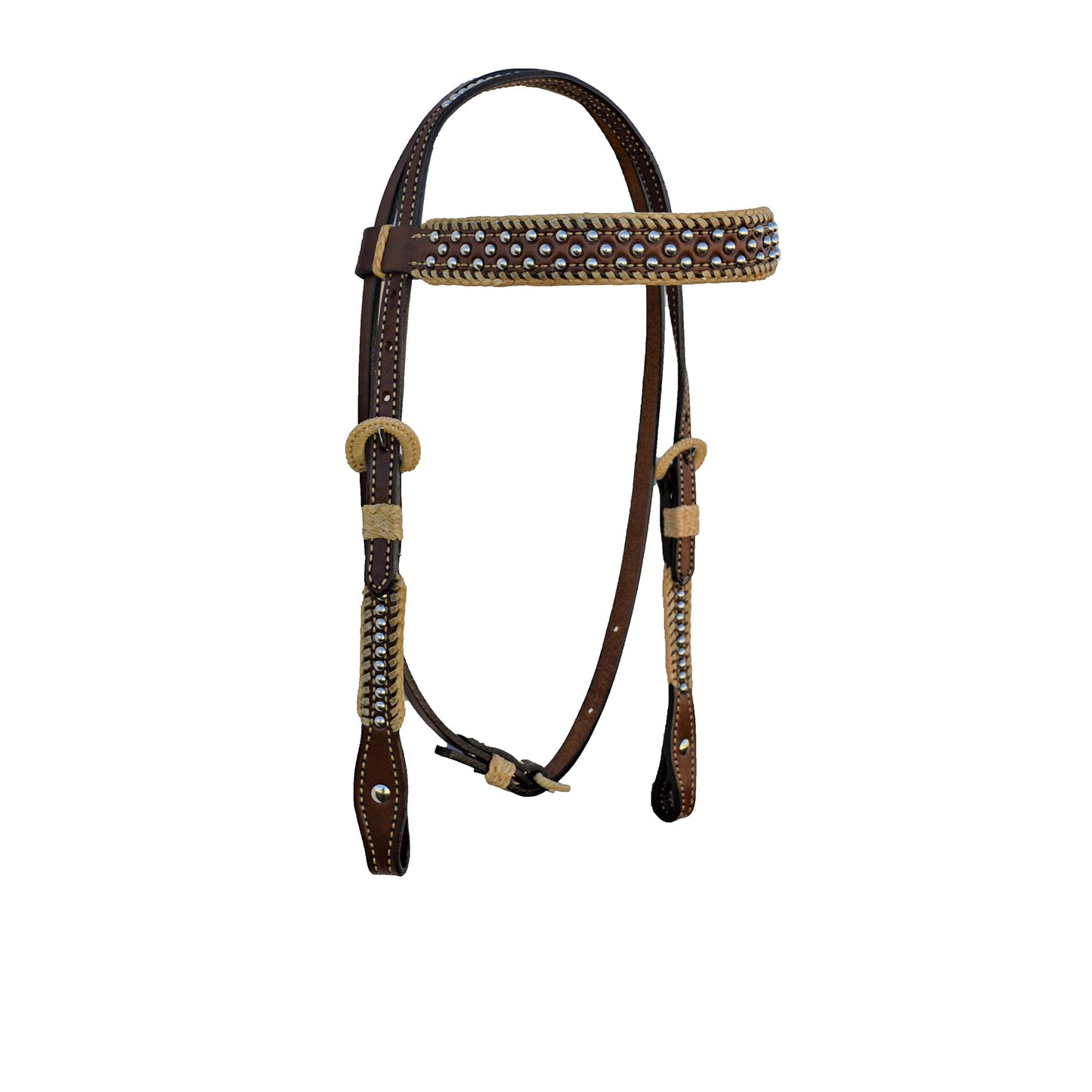 2614-TP 1" Straight browband headstall toast leather with rawhide Spanish lace hardware, braided loops, and spots
