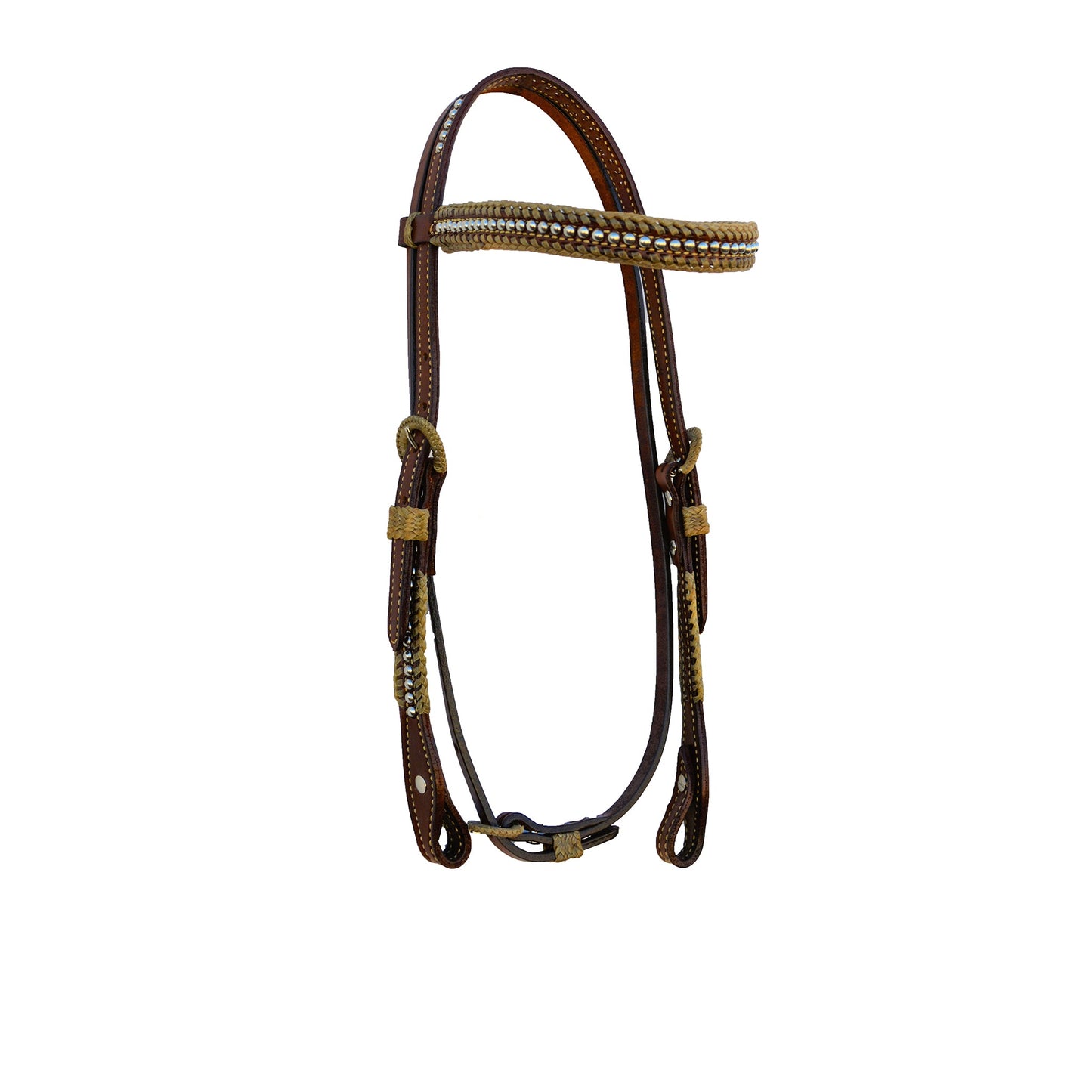 2615-TP 1" Straight browband headstall toast leather with Spanish lace, braided loops, and spots