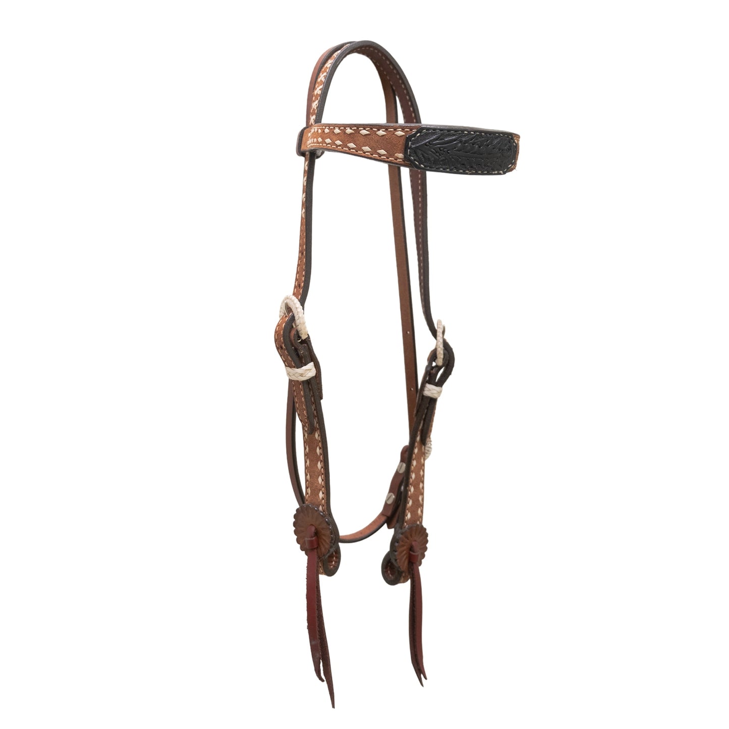 2800-AOA 1-1/2" Contour browband headstall rough out toast leather with oak leaf tooled patch, buckstitch, braided loops, and Spanish lace hardware