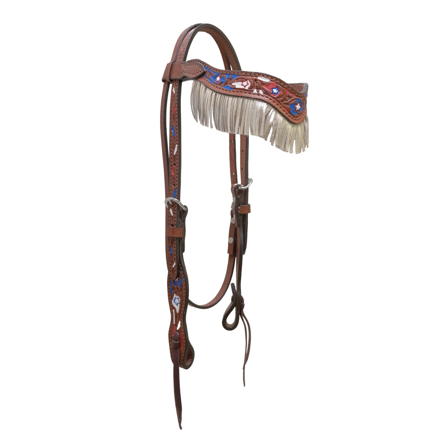 2F17-USA 1-1/2" Wave browband headstall toast leather combo AA/star tooling with background paint and fringe