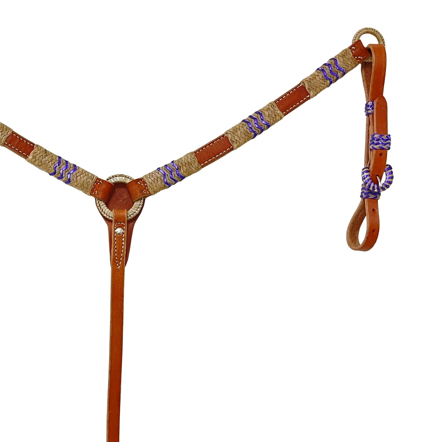 3014-BP 1" Breast collar harness leather metallic purple and natural rawhide braiding with Spanish lace hardware