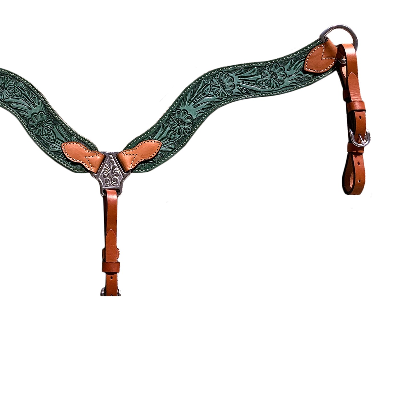 3017-QSG 2-1/2" Wave breast collar rough out turquoise and golden leather floral tooled