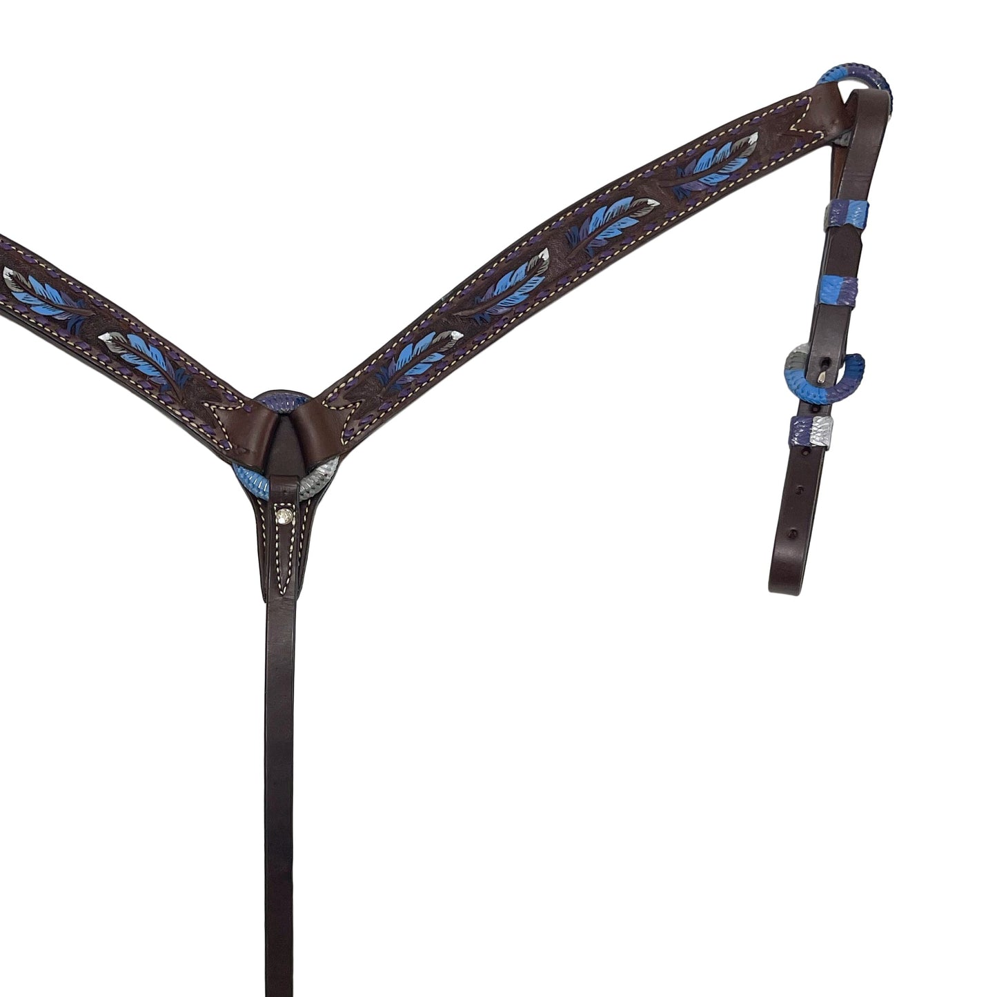 3023-FEATHER 1-3/4" Contour breast collar chocolate leather multicolored tooled with purple buckstitch and Spanish lace hardware