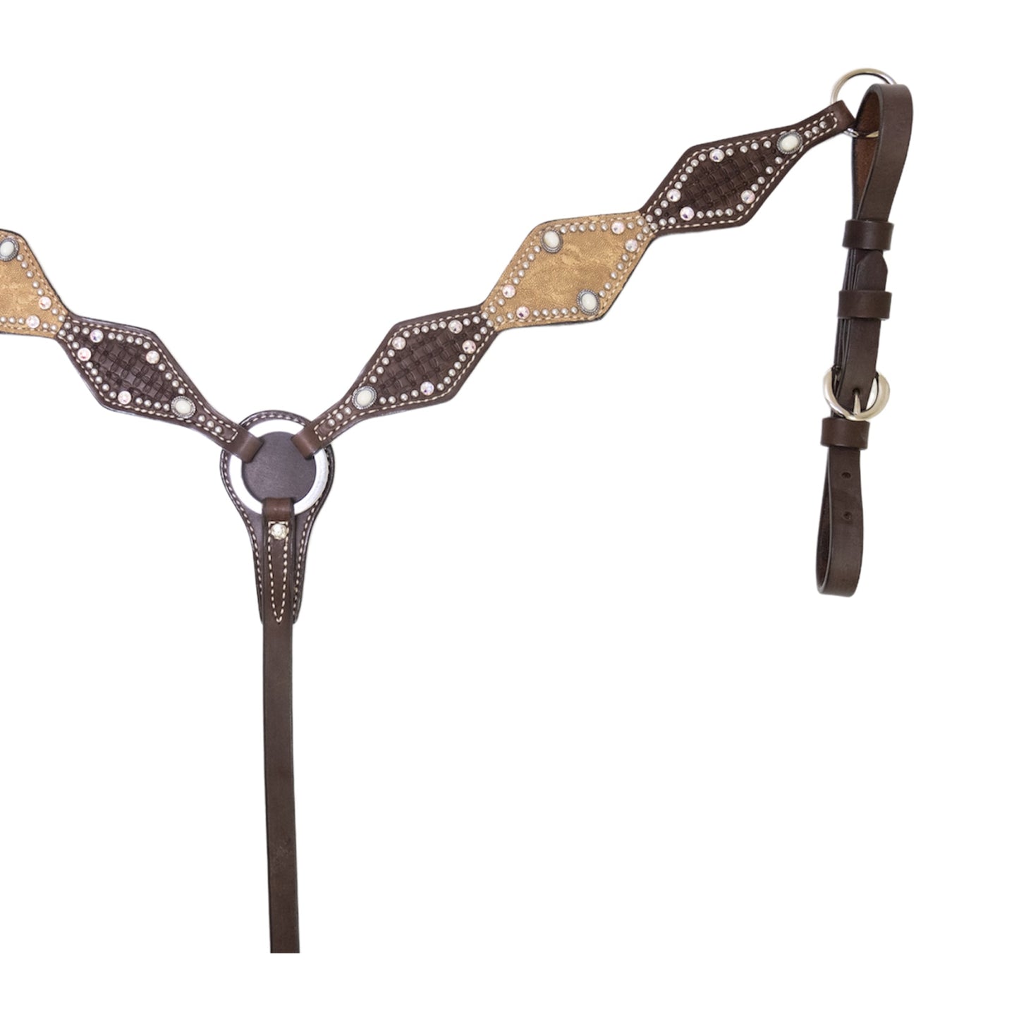 3046-TE 2-1/2" Diamond breast collar chocolate leather geo tooled with taupe elephant overlay, stones, crystals, and spots