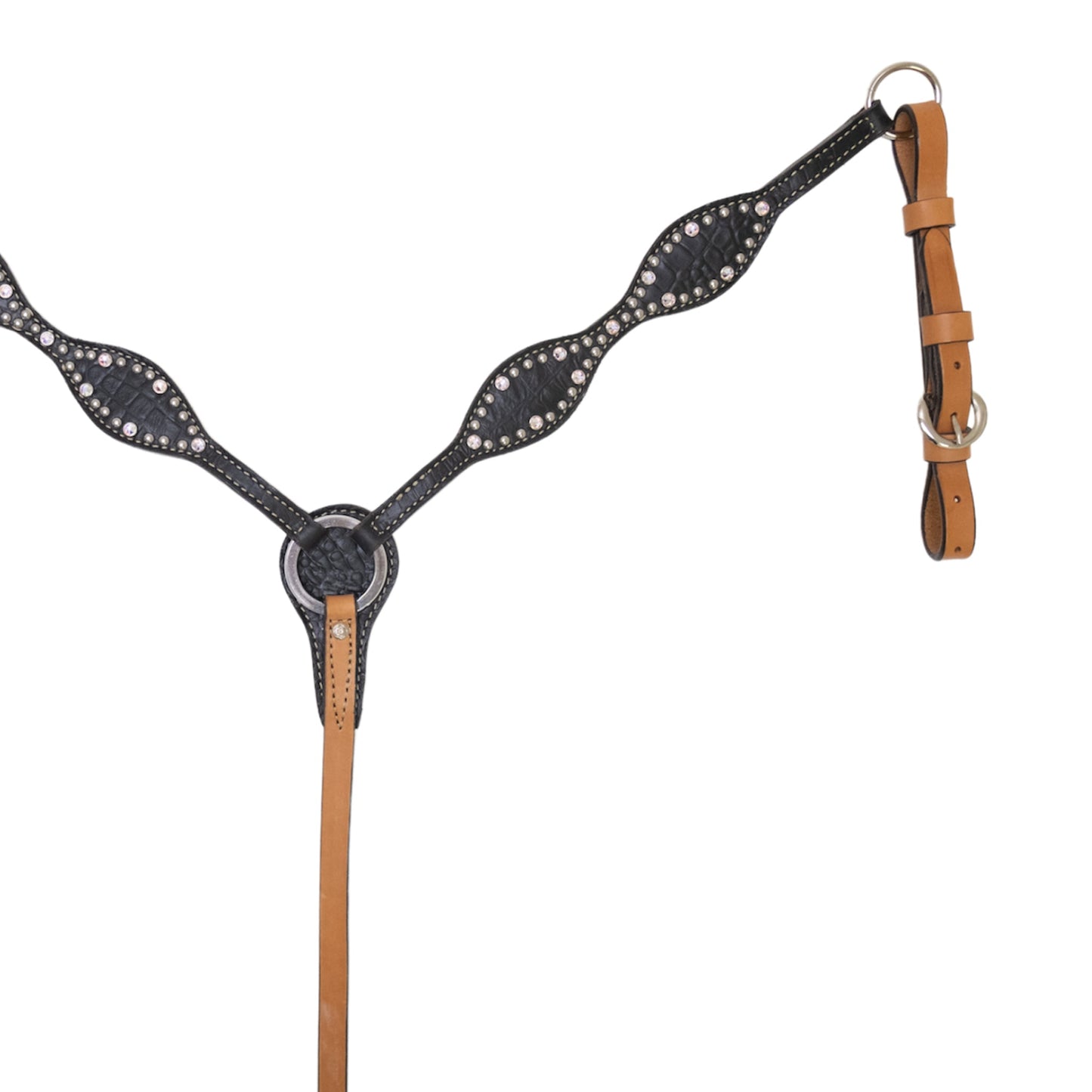 3065-JGA 2" Scalloped breast collar golden leather black gator overlay with crystals and spots