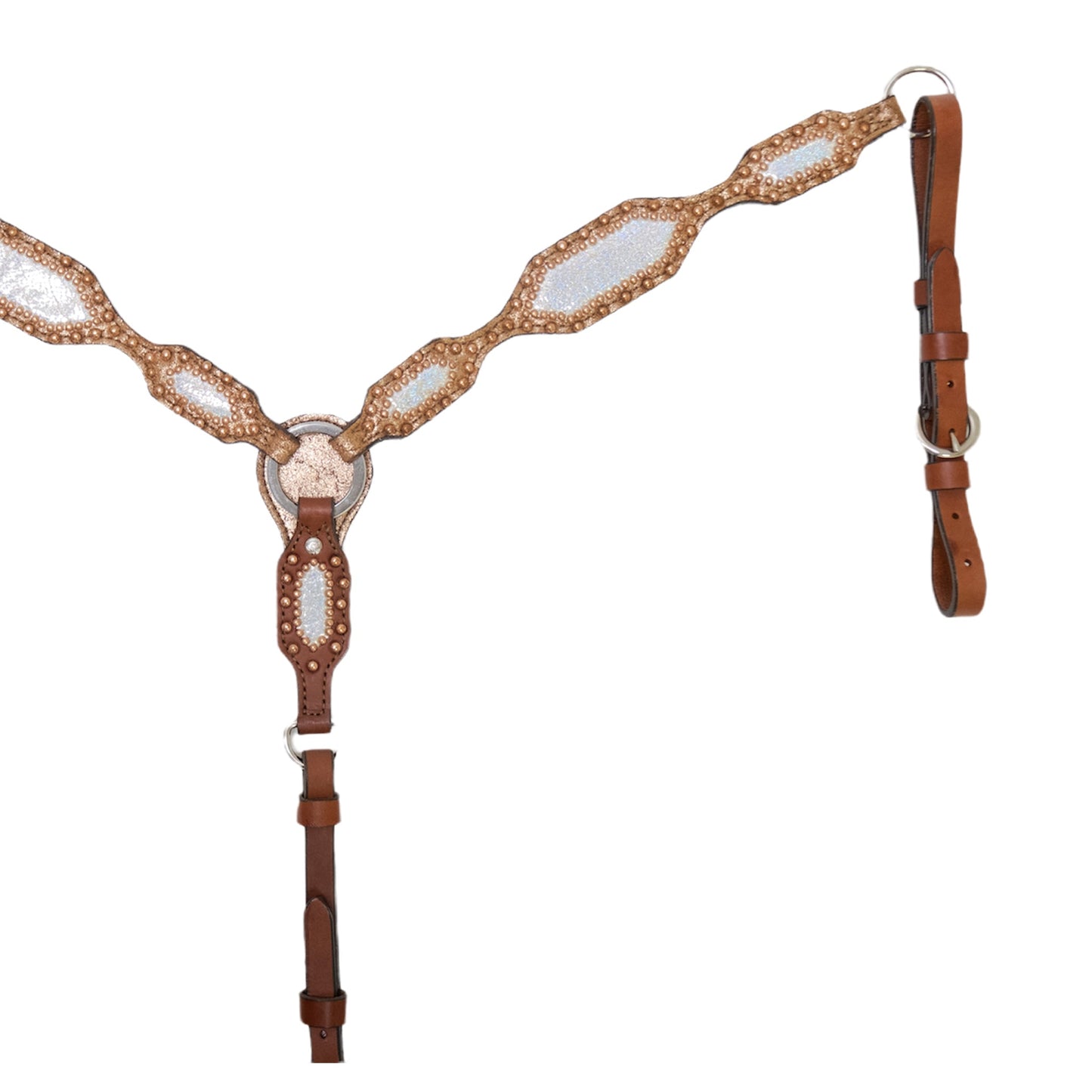 3285-IC 2" Scalloped breast collar toast leather copper crackle and holographic overlay with copper spots
