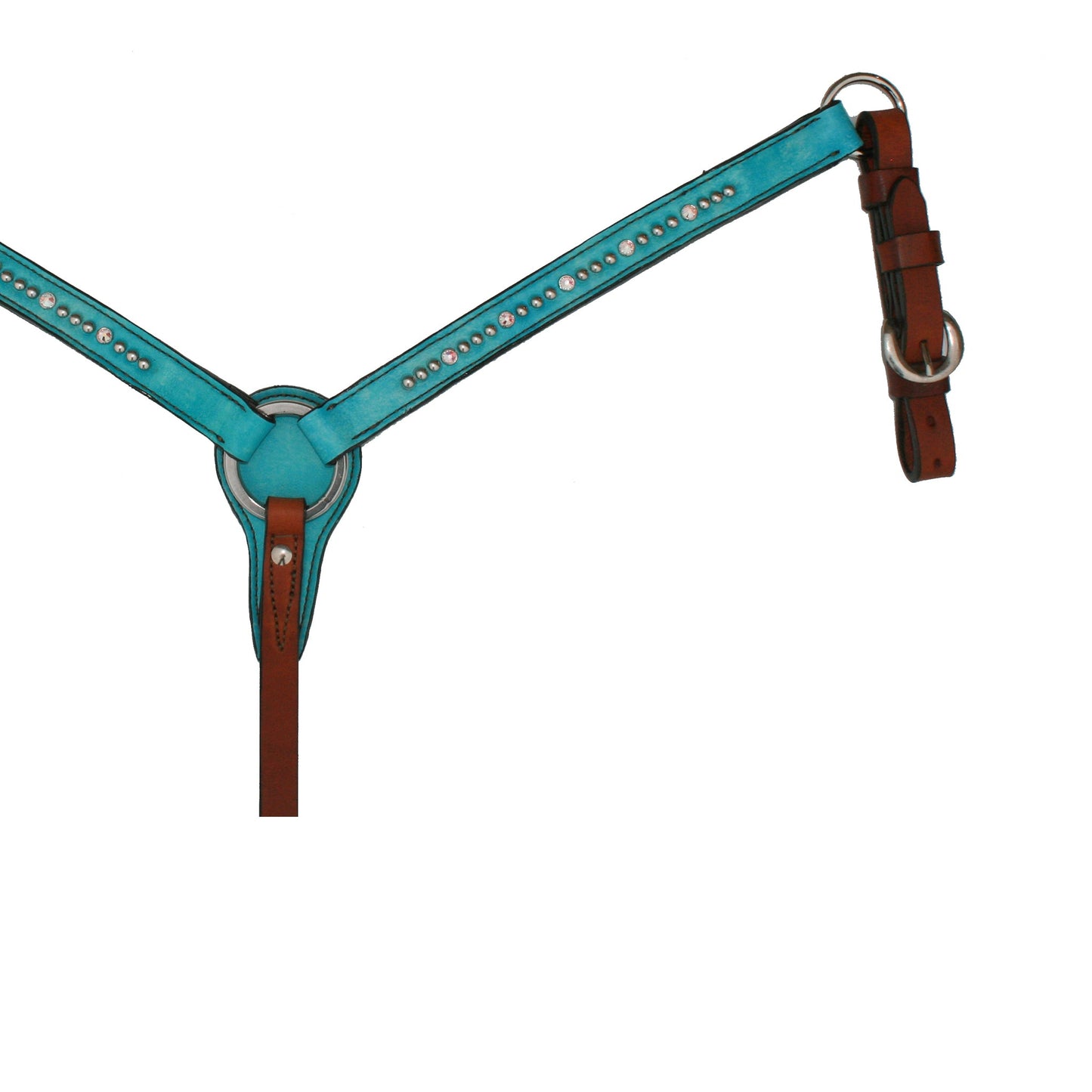 3714-JTM 1" Pony straight breast collar toast leather turquoise marble overlay with crystals and spots