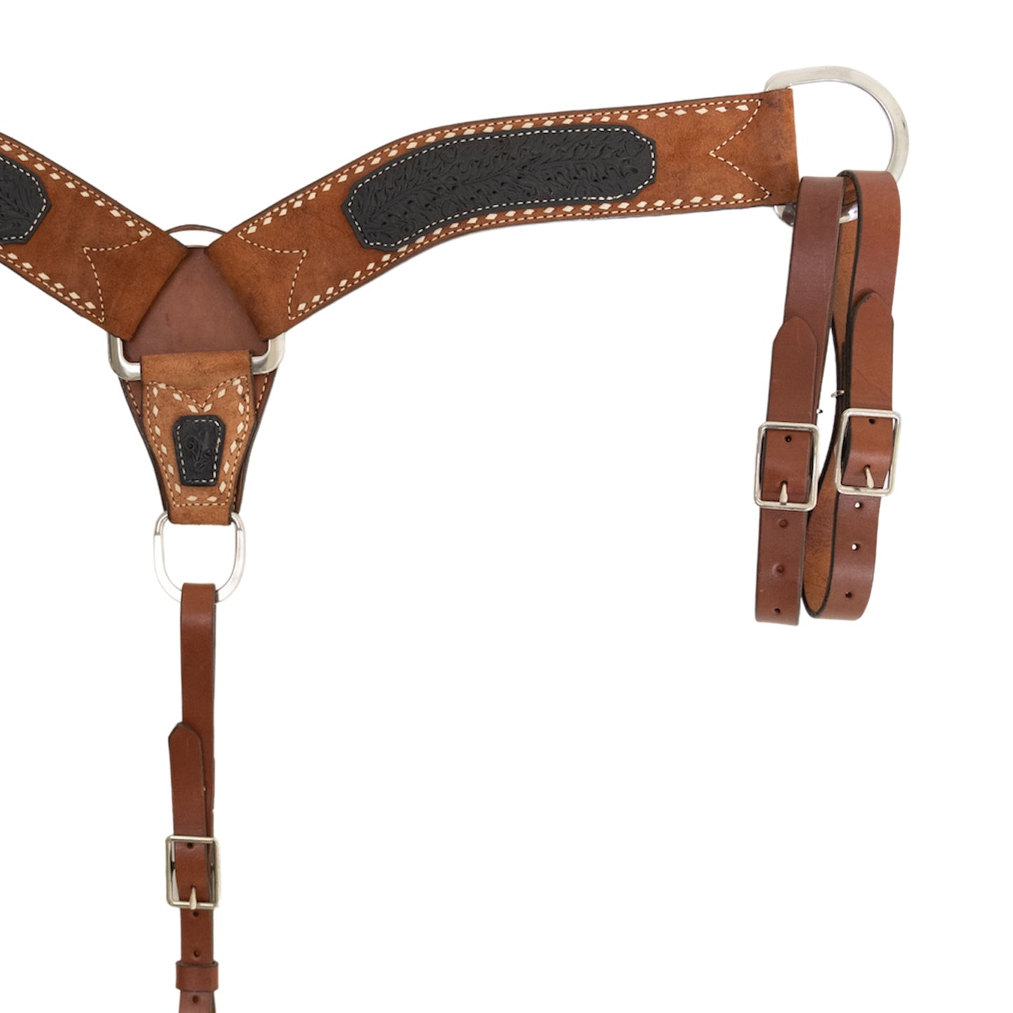 3800-AOA 3" Breast collar rough out toast leather with oak leaf tooled patch, buckstitch, and double tugs