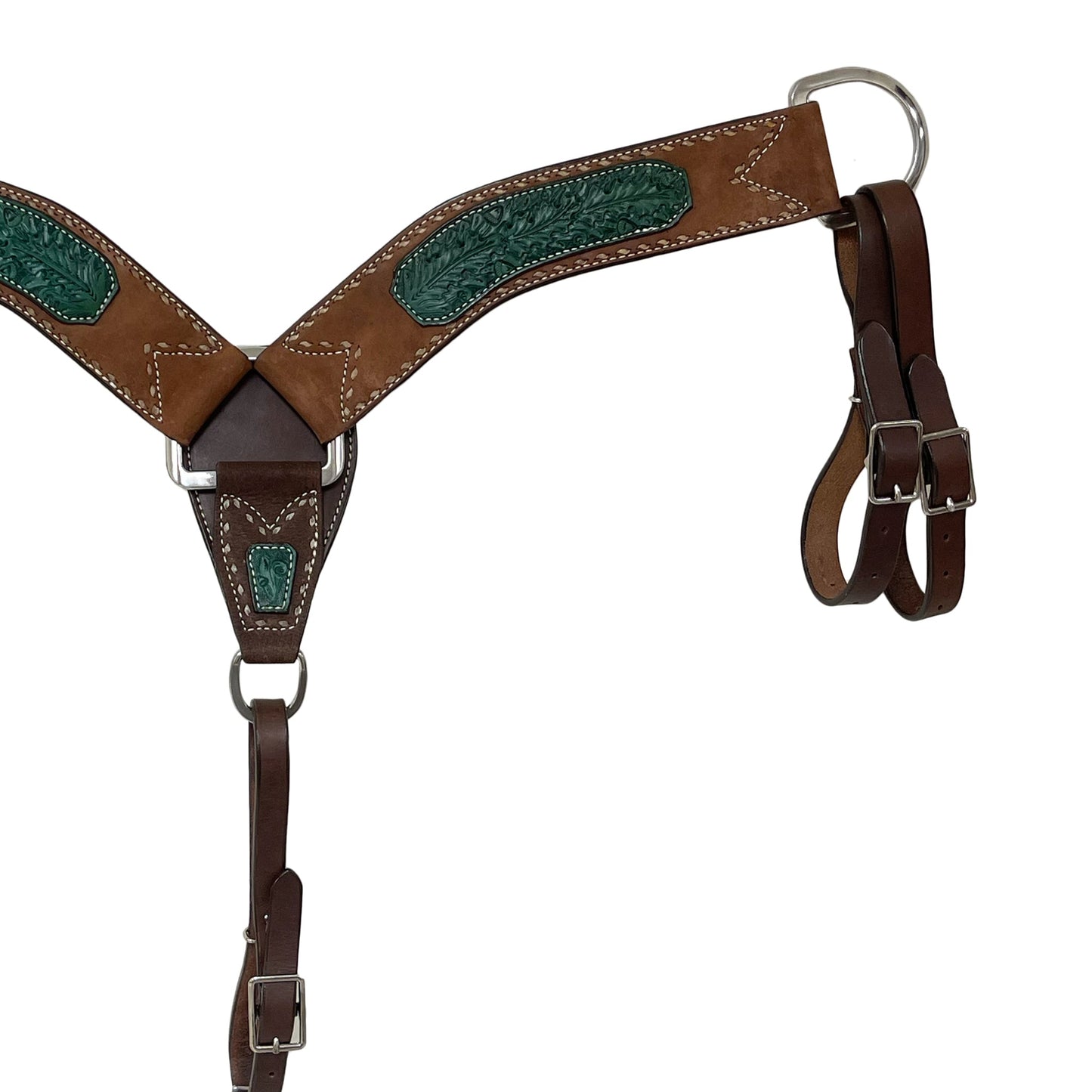 3800-AOT 3" Breast collar chocolate leather with oak leaf tooled patch, buckstitch, and double tugs