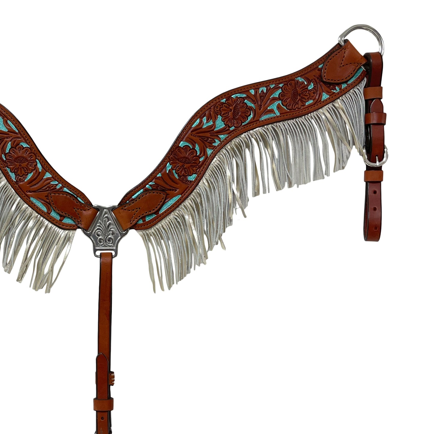 3F17-FT 2-1/2" Wave breast collar toast leather floral tooled with background paint and fringe