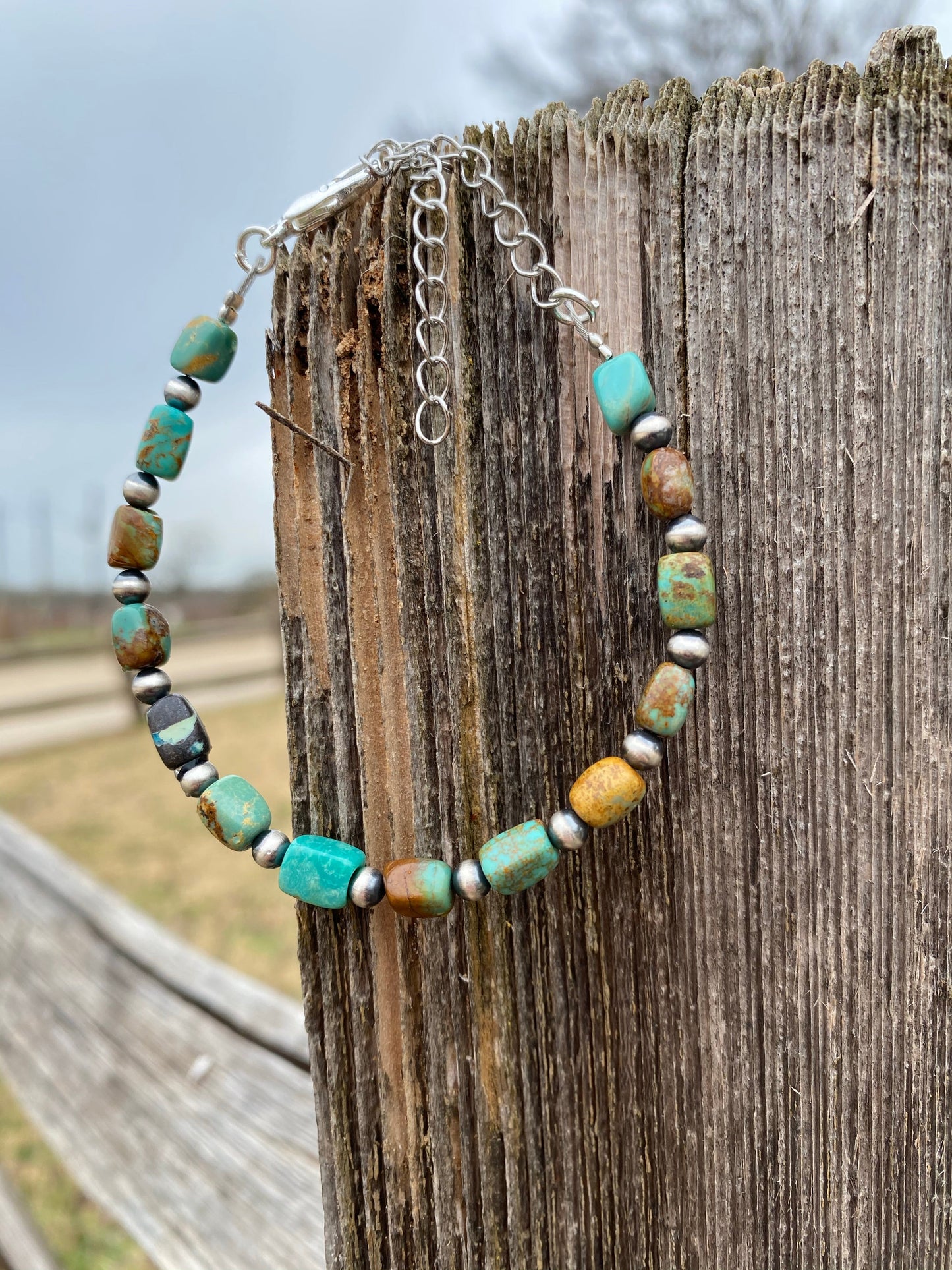 Real Turquoise Bracelet with Sterling Silver Pearls