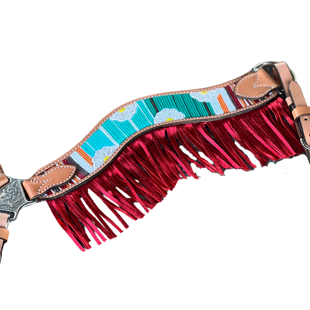 3F17-Serape Daisy 2-1/2" Wave breast collar golden leather Serape Daisy tooled w/ serape paint and fringe