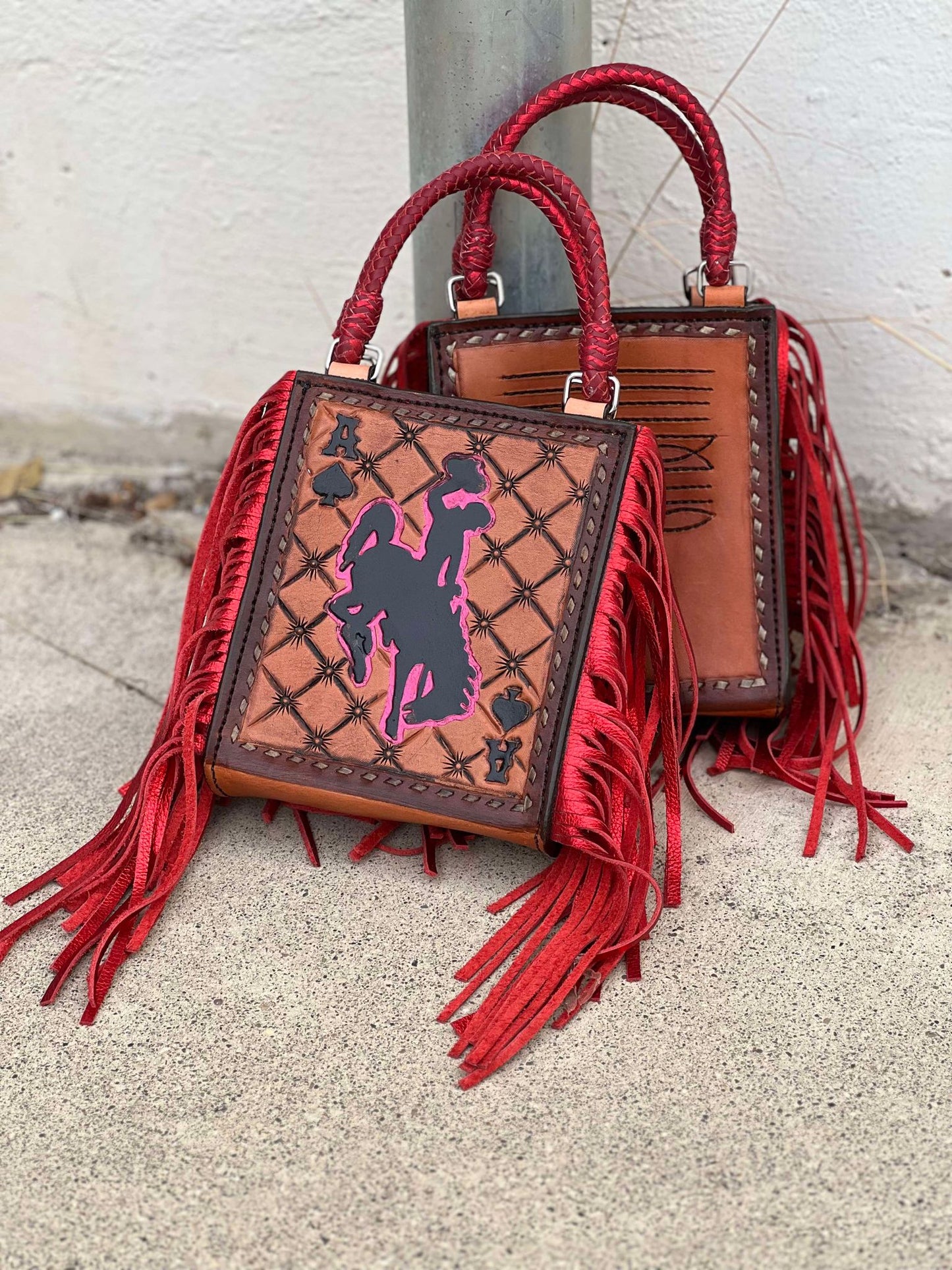 Card Handbag- Red Bronc Rider FRINGE