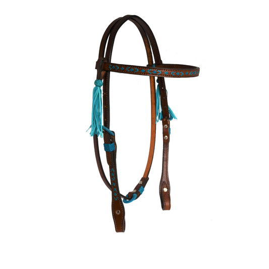 2015-TT 1/2" Straight broadband headstall toast leather rawhide southwest design with Spanish lace hardware, braided loops, and tassels