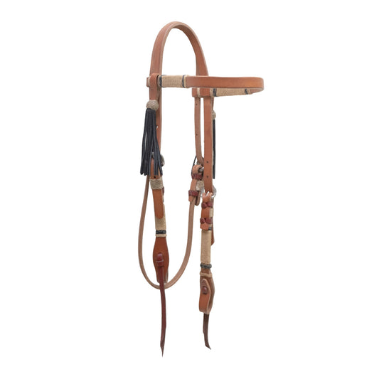 2030-HBI 1/2" Straight browband headstall harness leather rawhide and black braided stripes with braided loops and black tassels