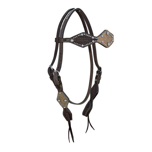 2046-TE 2-1/2" Diamond browband headstall chocolate leather geo tooled taupe elephant overlay with stones, crystals, and spots