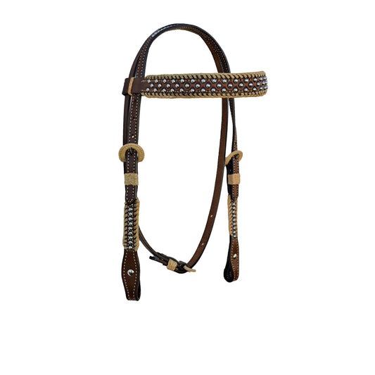 2614-TP 1" Straight browband headstall toast leather with rawhide Spanish lace hardware, braided loops, and spots