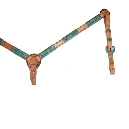 3014-TN 1" Breast collar harness leather natural and teal rawhide braiding with Spanish lace hardware