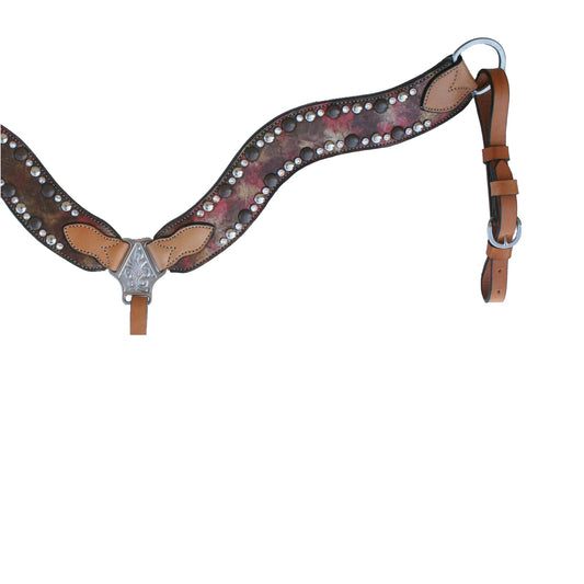 3017-CC 2-1/2" Wave breast collar golden leather vintage metallic rose dust overlay with crystals and spots