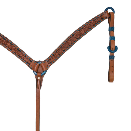 3023-TTBS 1-3/4" Contour breast collar toast leather TTBS tooling with buckstitch, background paint, and spanish lace hardware