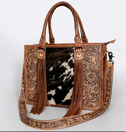 Tooled Leather & Cowhide Tote  Bag