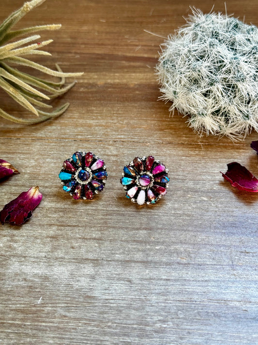 Mixed pink dahlia and purple Mohave flower stud earrings