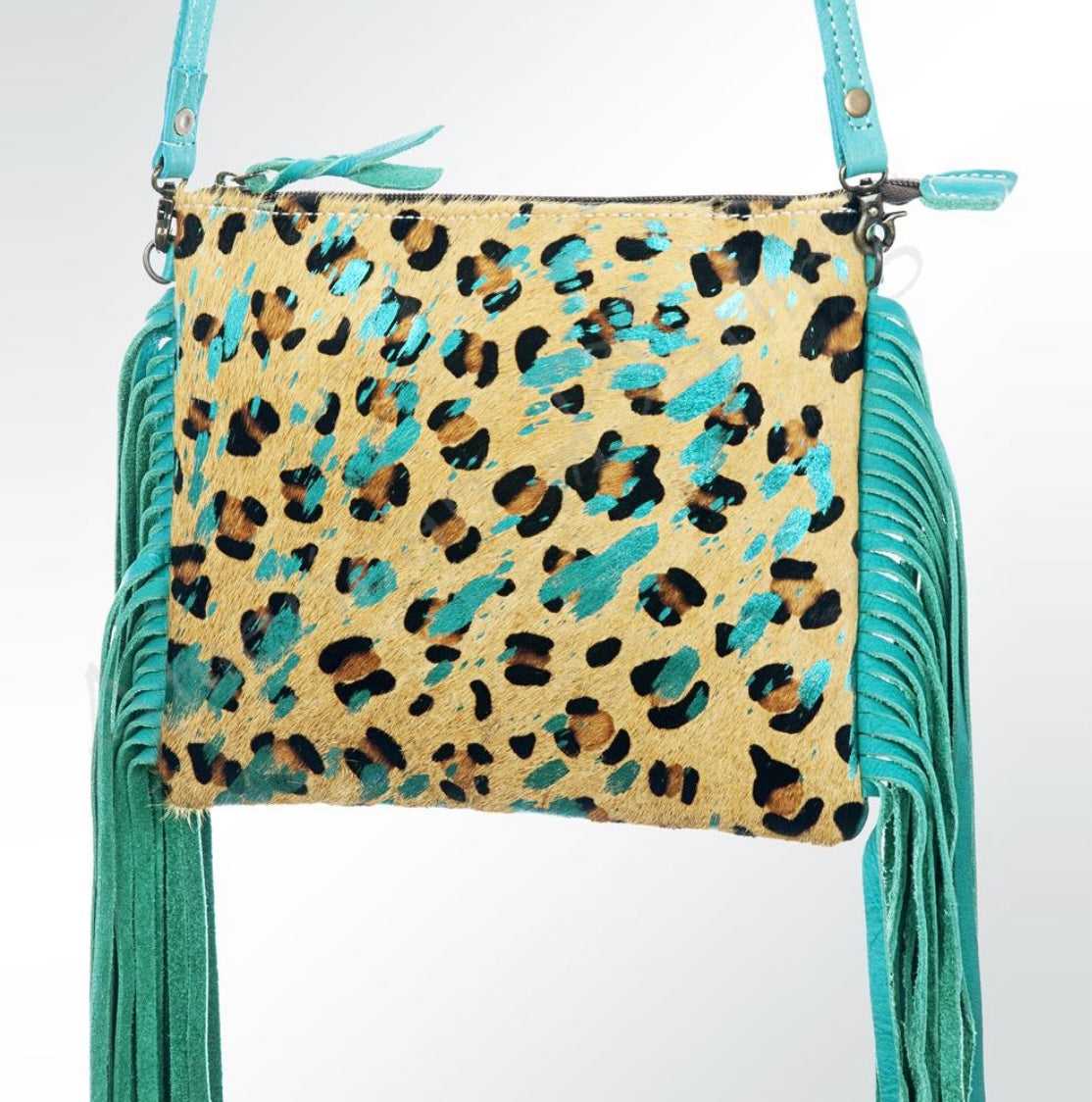 Cheetah with Turquoise Fringe Small Crossbody Bag