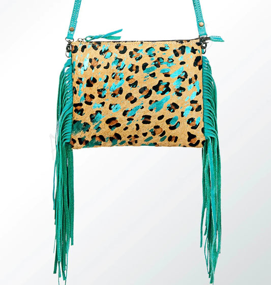 Cheetah with Turquoise Fringe Small Crossbody Bag