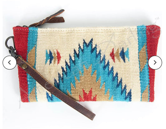 Red & Turquoise & Tan Aztec Wristlet Bag