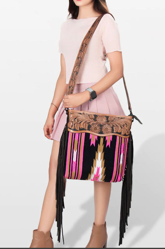 Black Multi Colored Aztec Purse with Tooled Leather Crossbody Bag