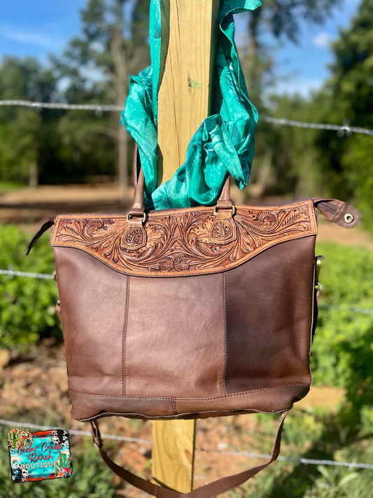 Tooled Leather Large Messenge Bag