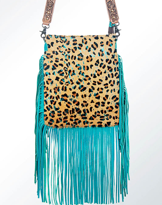 Cheetah with Turquoise Fringe Messenger Bag